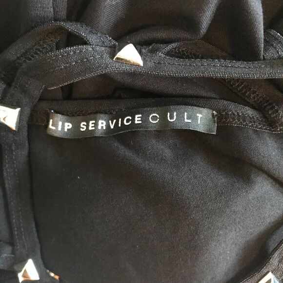 Vintage Lip Service Goth Punk Wicca Bodycon Studded Lattice Neck Mini Dress L - Picture 5 of 12